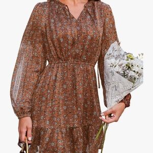 CUPSHE Brown Floral long sleeve dress